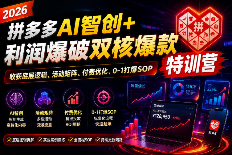 2026拼多多AI智创+利润爆破双核爆款特训营,收获底层逻辑、活动矩阵、付费优化、0-1打爆SOP-小白项目网