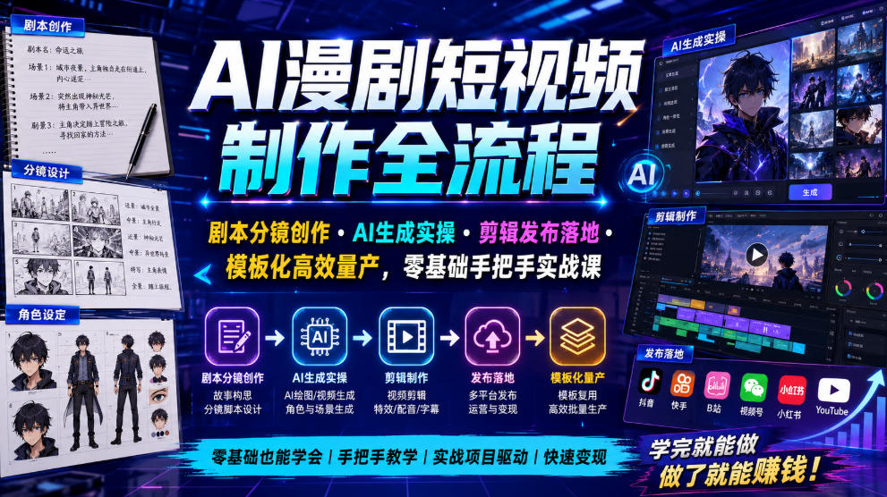 AI漫剧短视频制作全流程｜剧本分镜创作・AI生成实操・剪辑发布落地・模板化高效量产，零基础手把手实战课-小白项目网