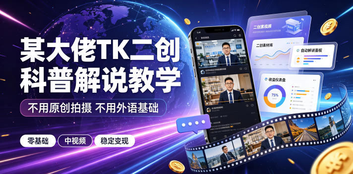 某大佬TK二创科普解说教学，不用原创拍摄不用外语基础，零基础做TikTok中视频稳定变现-小白项目网