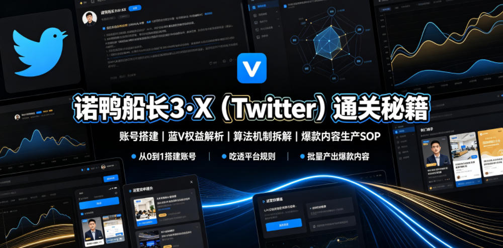 诺鸭船长3·X（Twitter）通关秘籍，涵盖账号搭建、蓝V权益解析、算法机制拆解及爆款内容生产SOP-小白项目网