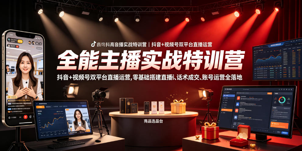 全能主播实战特训营｜抖音+视频号双平台直播运营，零基础搭建直播间、精准选品、话术成交、账号运营全落地-小白项目网