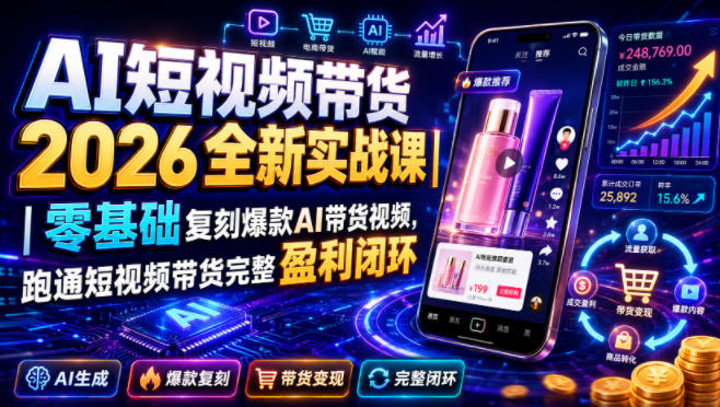 AI短视频带货2026全新实战课｜零基础复刻爆款AI带货视频，跑通短视频带货完整盈利闭环-小白项目网