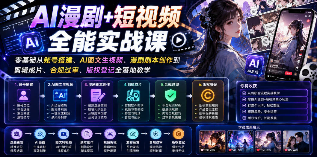 AI漫剧+短视频全能实战课｜零基础从账号搭建、AI图文生视频、漫剧剧本创作到剪辑成片、合规过审、版权登记全落地教学-小白项目网