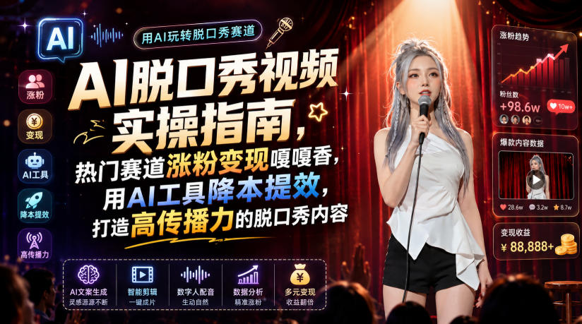 AI脱口秀视频实操指南,热门赛道涨粉变现嘎嘎香,用AI工具降本提效,打造高传播力的脱口秀内容-小白项目网