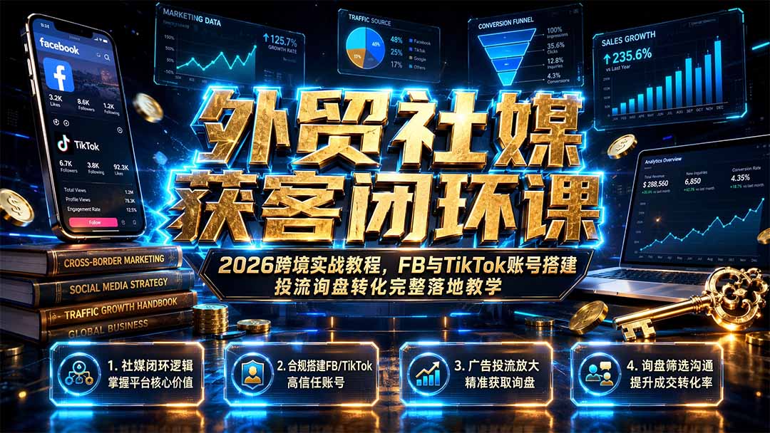 外贸社媒获客闭环课｜2026跨境实战教程，FB与TikTok账号搭建投流询盘转化完整落地教学-小白项目网