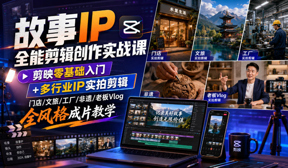 故事IP全能剪辑创作实战课｜剪映零基础入门+多行业IP实拍剪辑，门店/文旅/工厂/非遗/老板Vlog全风格成片教学-小白项目网