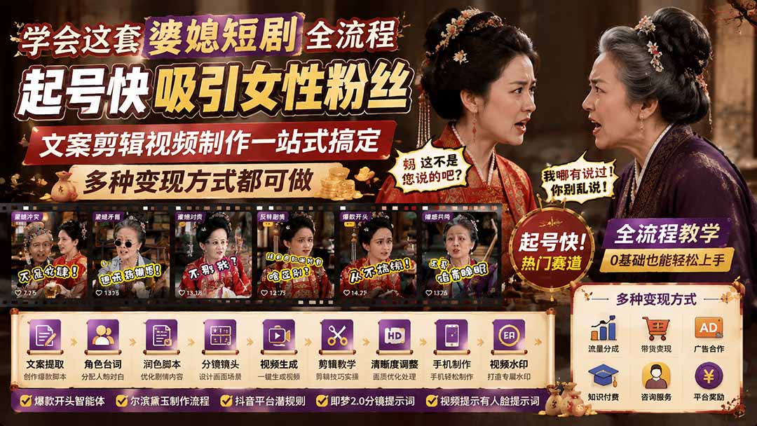 学会这套婆媳短剧全流程：起号快吸引女性粉丝，文案剪辑视频制作一站式搞定，多种变现方式都可做-小白项目网
