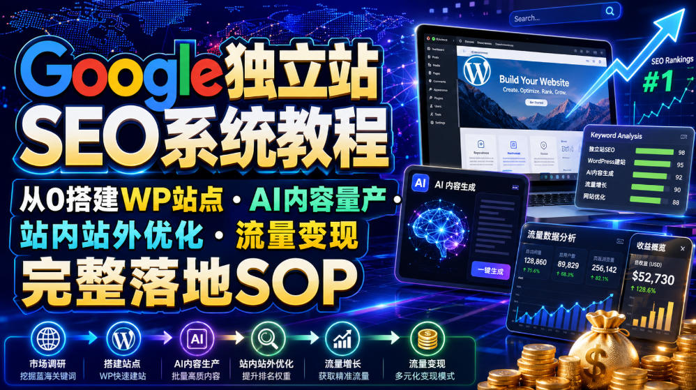 Google独立站SEO系统教程，从0搭建WP站点・AI内容量产・站内站外优化・流量变现完整落地SOP（2026年7月）-小白项目网