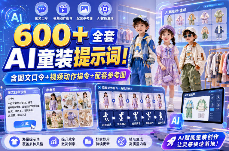 600+全套AI童装提示词!含图文口令+视频动作指令+配套参考图,Word-Excel规整分类,童装电商、种草无脑量产内容!-小白项目网