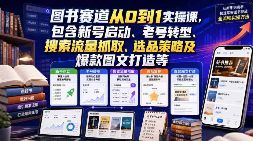 图书赛道从0到1实操课，包含新号启动、老号转型、搜索流量抓取、选品策略及爆款图文打造等-小白项目网