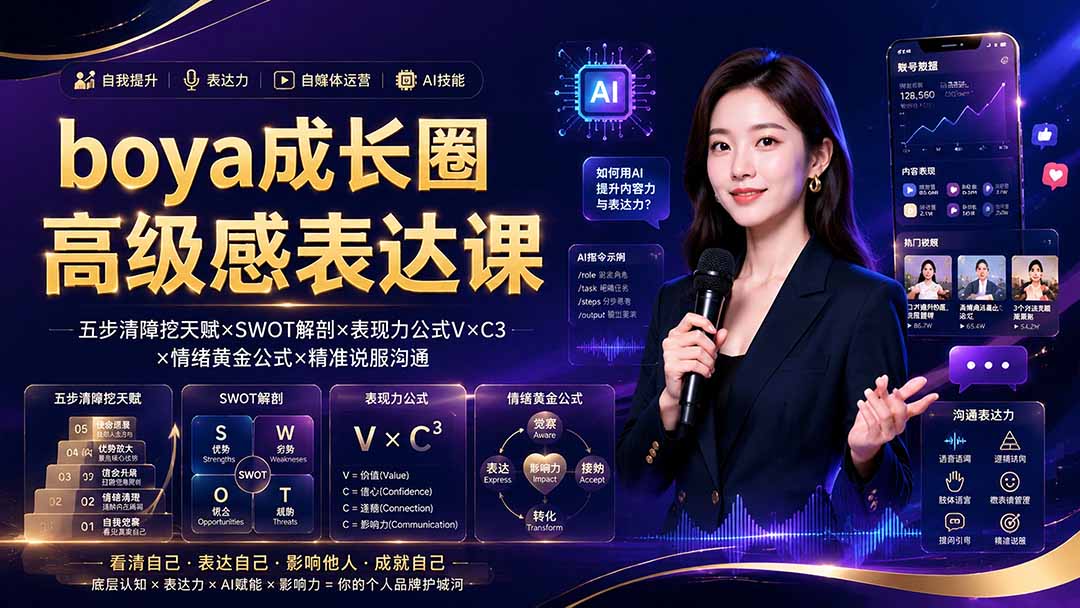 boya成长圈｜内心成长高级表达AI自媒体三合一，消解内耗挖掘天赋，镜头沟通AI指令短视频全流程教学-小白项目网