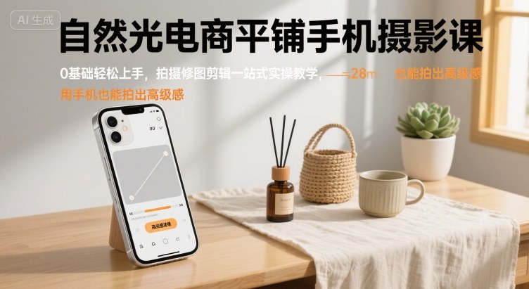 自然光电商平铺手机摄影课，0基础轻松上手，拍摄修图剪辑一站式实操教学，用手机也能拍出高级感-小白项目网