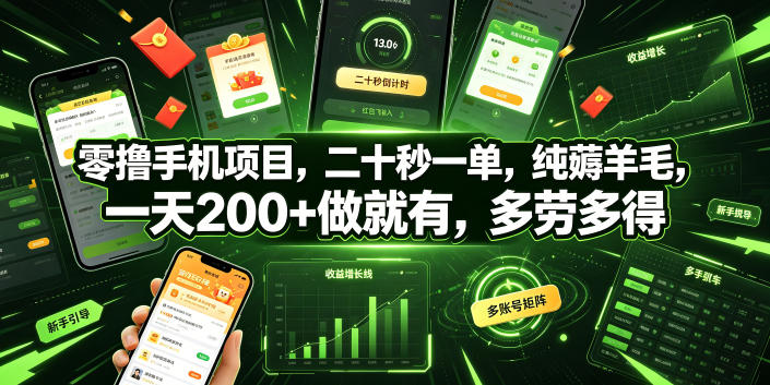 零撸手机项目，二十秒一单，纯薅羊毛，一天200+做就有，多劳多得【揭秘】-小白项目网