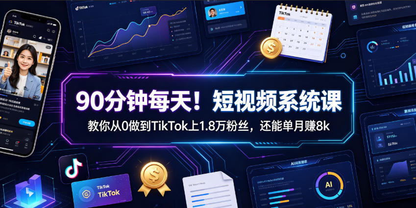 90分钟每天！短视频系统课教你从0做到TikTok上1.8万粉丝，还能单月賺8k【原创双语字幕】-小白项目网
