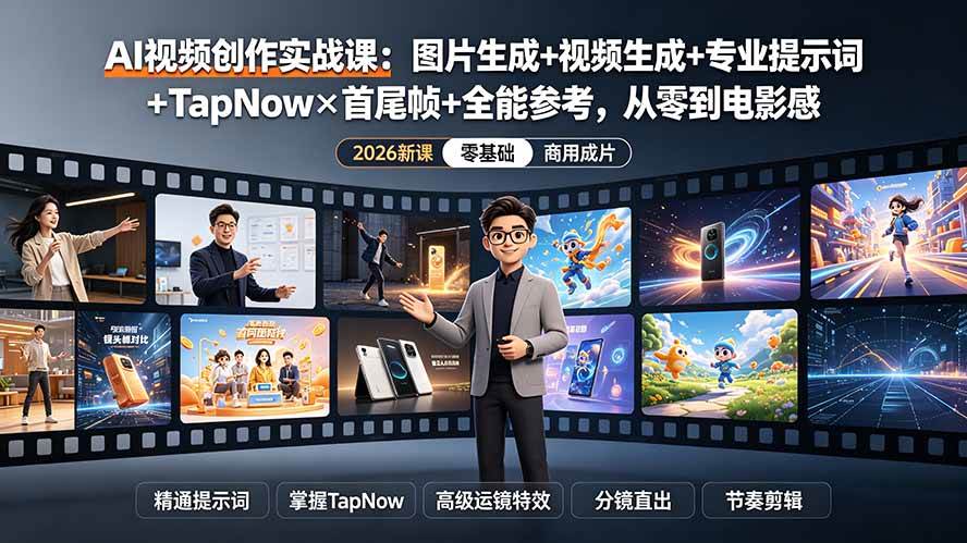 (19383期)AI视频创作实战课:图片生成+视频生成+专业提示词+TapNow×首尾帧+全能参考,从零到电影感成片-小白项目网