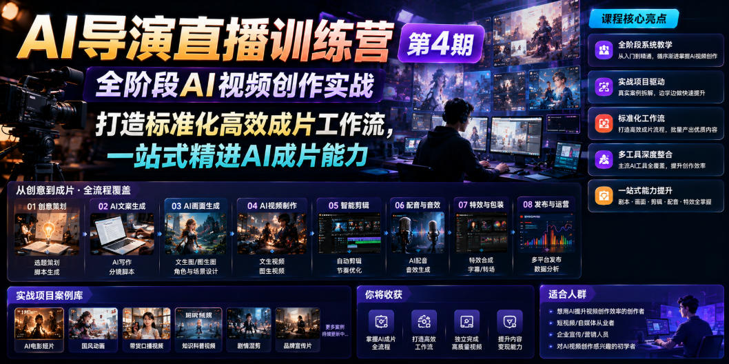AI导演直播训练营第4期｜全阶段AI视频创作实战，打造标准化高效成片工作流，一站式精进AI成片能力-小白项目网