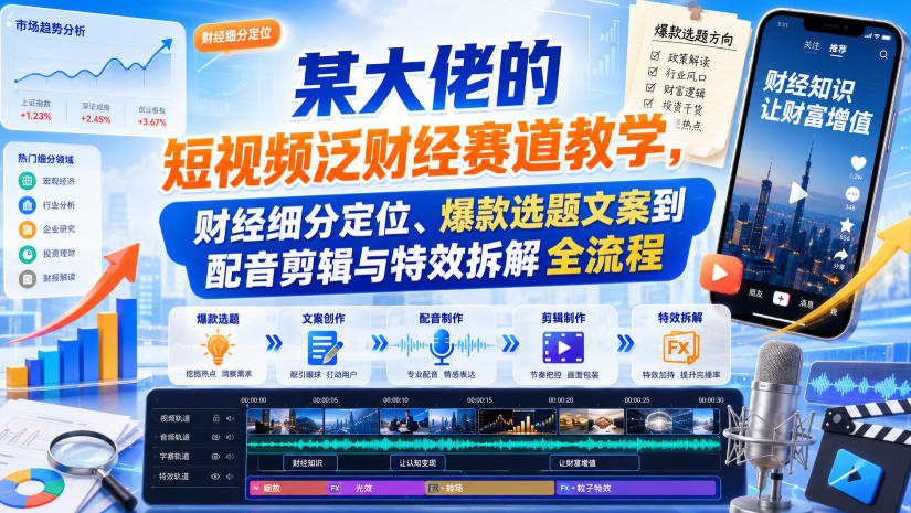 某大佬的短视频泛财经赛道教学，财经细分定位、爆款选题文案到配音剪辑与特效拆解全流程-小白项目网