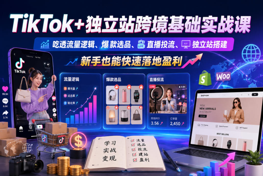 TikTok+独立站跨境基础实战课，吃透流量逻辑、爆款选品、直播投流与独立站搭建，新手也能快速落地盈利-小白项目网