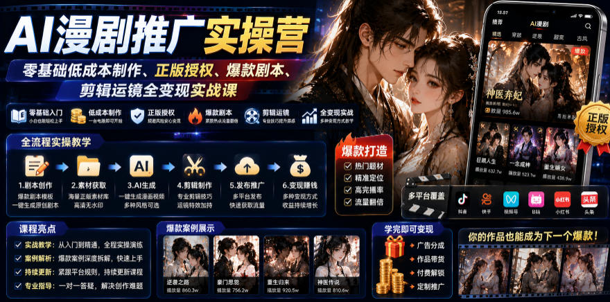 AI漫剧推广实操营｜零基础低成本制作、正版授权、爆款剧本、剪辑运镜全变现实战课-小白项目网