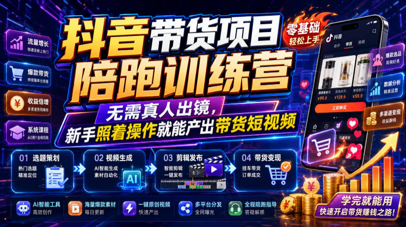抖音带货项目陪跑训练营，无需真人出镜，新手照着操作就能产出带货短视频(更新0811)-小白项目网