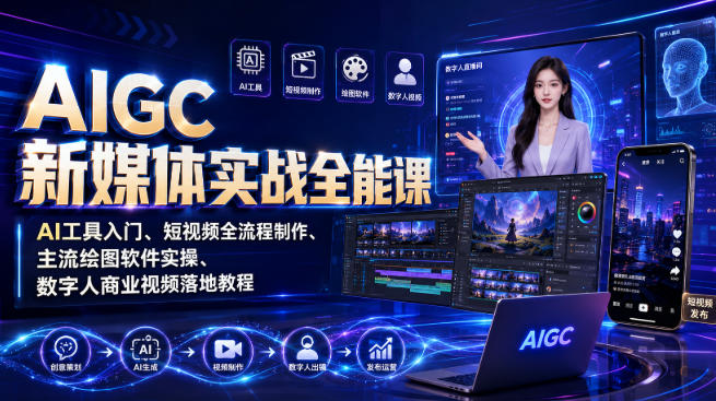 AIGC新媒体实战全能课｜AI工具入门、短视频全流程制作、主流绘图软件实操、数字人商业视频落地教程-小白项目网