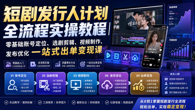 短剧发行人计划全流程实操教程｜零基础账号定位、选剧剪辑、视频制作、发布优化一站式出单变现课-小白项目网