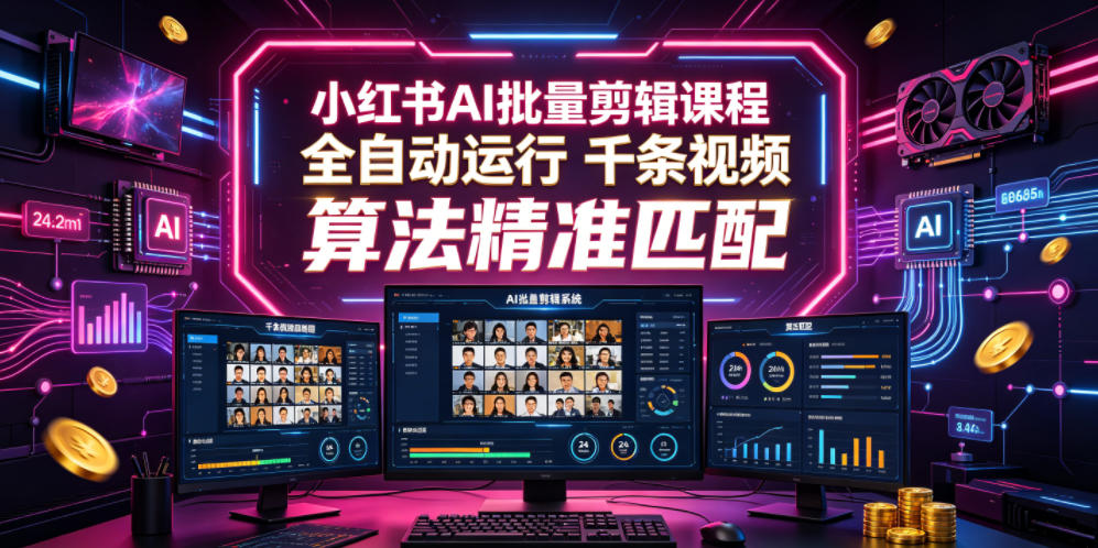 小红书AI批量剪辑课程，24小时全自动运行，解放双手专注运营，千条视频批量处理，小红书算法精准匹配-小白项目网