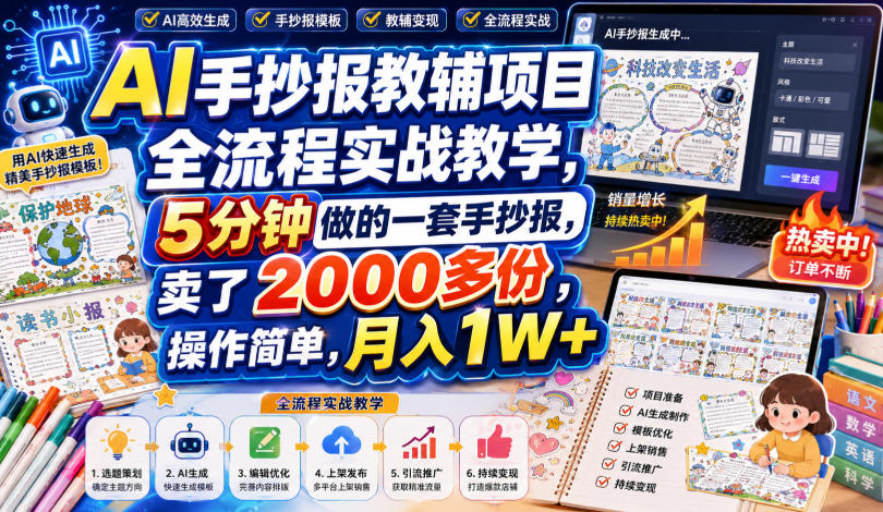 AI手抄报教辅项目全流程实战教学，5分钟做的一套手抄报，卖了2000多份，操作简单，月入1W+-小白项目网