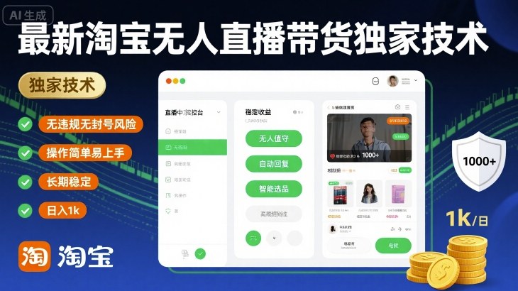 最新淘宝无人直播带货独家技术，无违规无封号风险，操作简单易上手，长期稳定日入1k【揭秘】-小白项目网