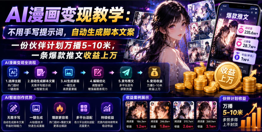 AI漫画变现教学：不用手写提示词，自动生成脚本文案，一份伙伴计划万播5-10米，一条爆款推文收益上W-小白项目网