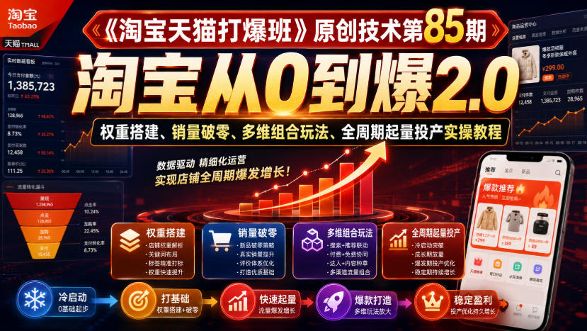 《淘宝天猫打爆班》原创技术第85期，淘宝从0到爆2.0，权重搭建、销量破零、多维组合玩法、全周期起量投产实操教程-小白项目网