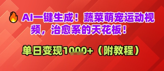 AI一键生成!蔬菜萌宠运动视频,治愈系的天花板!单日变现多张