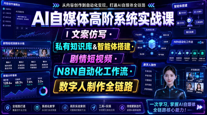 AI自媒体高阶系统实战课｜文案仿写・私有知识库&智能体搭建・剧情短视频・N8N自动化工作流・数字人制作全链路-小白项目网