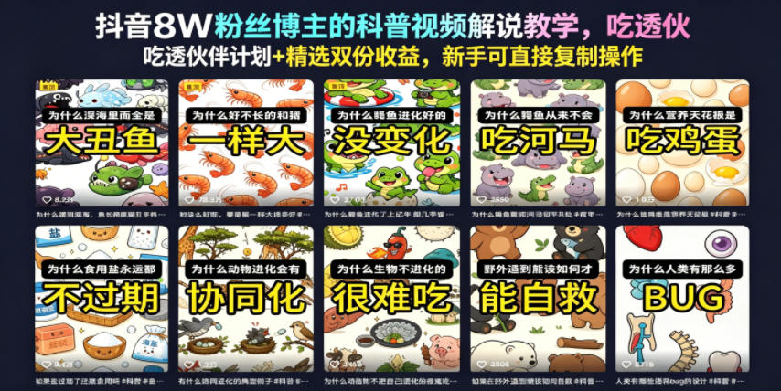 抖音8W粉丝博主的科普视频解说教学,吃透伙伴计划+精选双份收益,新手可直接复制操作-小白项目网