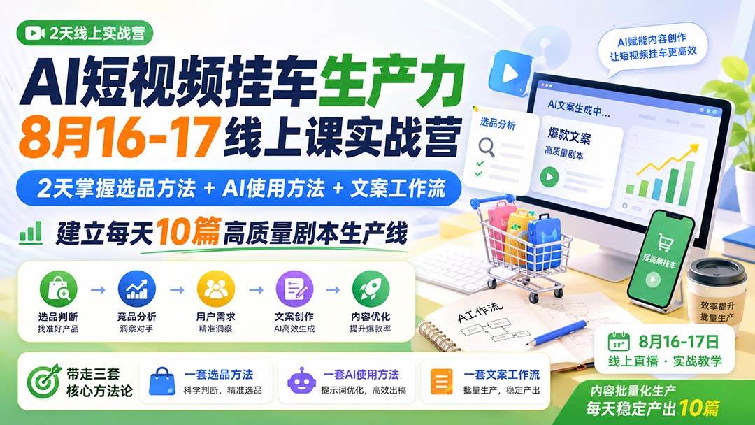 （20174期）AI短视频挂车生产力8月16-17线上课实战营：2天掌握选品方法+AI使用方法+文案工作流，建立每天10篇高质量剧本生产线-小白项目网