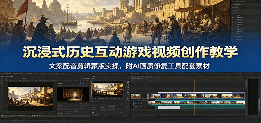 沉浸式历史互动游戏视频创作教学:文案配音剪辑蒙版实操,附AI画质修复工具配套素材-小白项目网