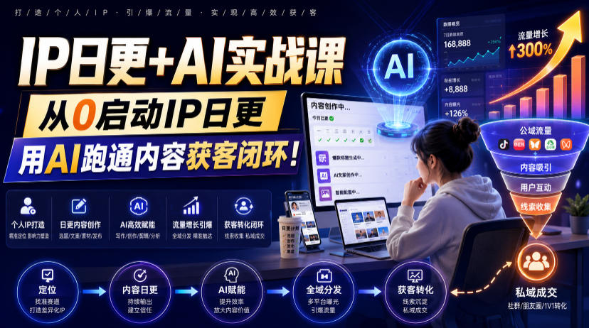 IP日更+AI实战课,从0启动IP日更,IP置顶视频制作+100条选题库搭建+10条日更规划,用AI跑通内容获客闭环!-小白项目网