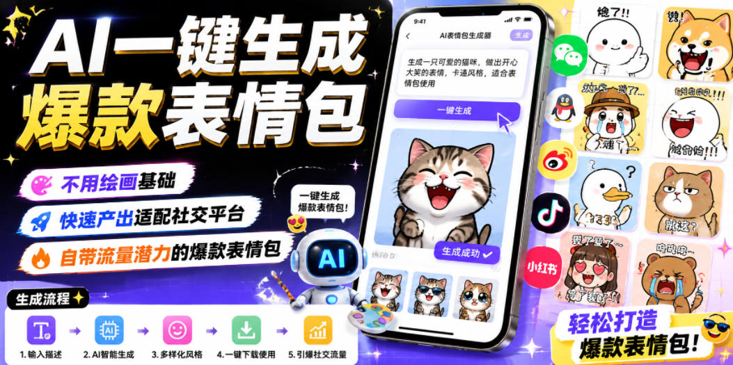 AI一键生成爆款表情包,不用绘画基础,快速产出适配社交平台,自带流量潜力的爆款表情包-小白项目网