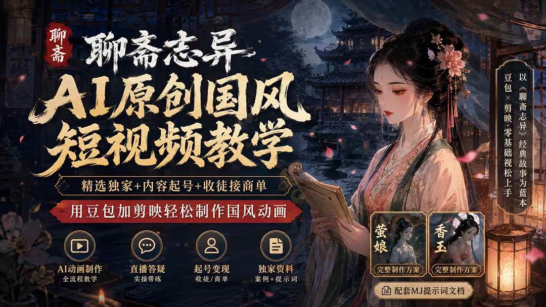 （19834期）聊斋志异AI原创国风短视频教学；精选独家+内容起号+收徒接商单，用豆包加剪映轻松制作国风动画-小白项目网