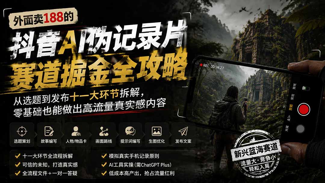 外面卖188的抖音AI伪记录片赛道掘金全攻略；从选题到发布十一大环节拆解，零基础也能做出高流量真实感内容-小白项目网