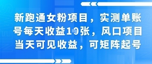 新跑通女粉项目，实测单账号每天收益多张，风口项目当天可见收益，可矩阵起号-小白项目网