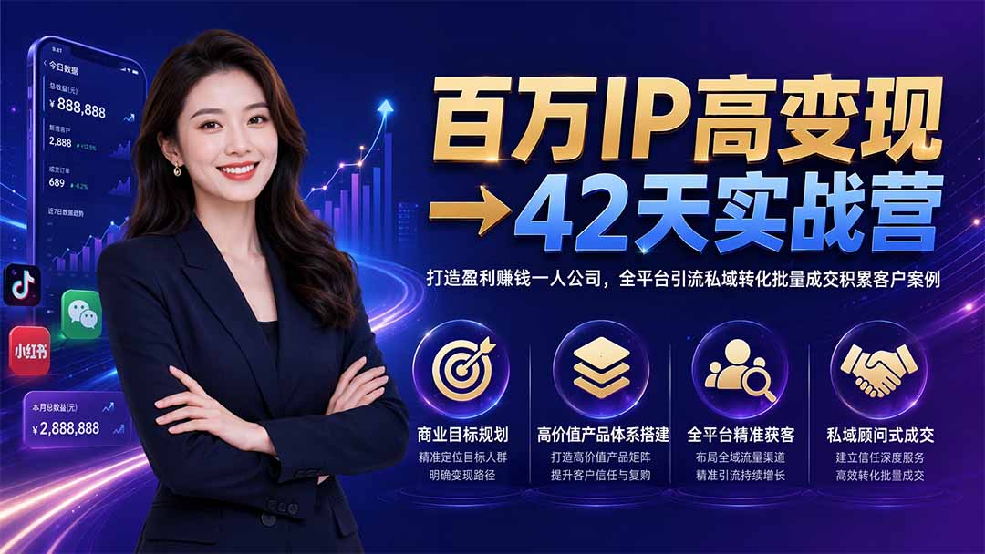 百万IP高变现→42天实战营｜打造盈利赚钱一人公司，全平台引流私域转化批量成交积累客户案例-小白项目网