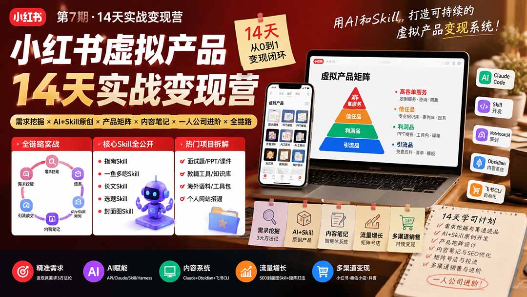 小红书虚拟产品14天实战变现营-第7期：需求挖掘×AI+Skill原创×产品矩阵×内容笔记×一人公司进阶×全链路-小白项目网