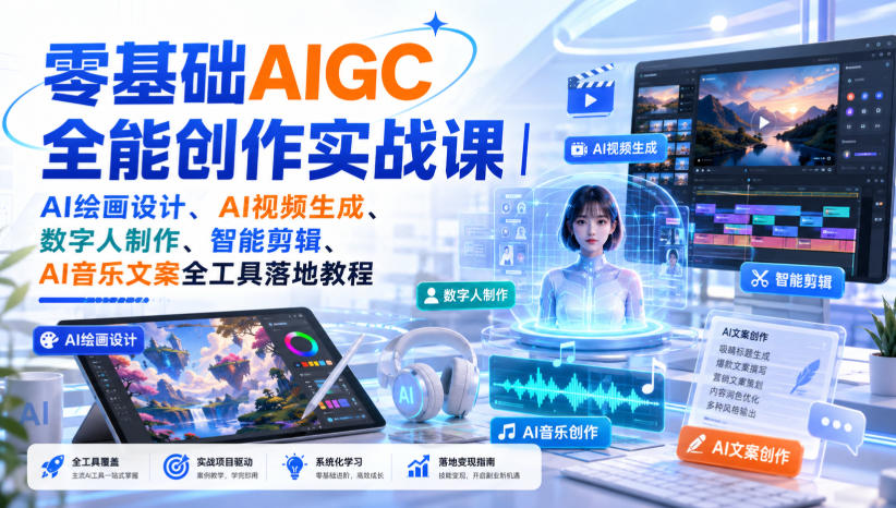 零基础AIGC全能创作实战课｜AI绘画设计、AI视频生成、数字人制作、智能剪辑、AI音乐文案全工具落地教程-小白项目网