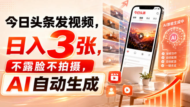 今日头条发视频，日入3张，不露脸不拍摄，AI自动生成-小白项目网