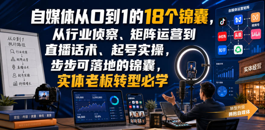 自媒体从0到1的18个锦囊，从行业侦察、矩阵运营到直播话术、起号实操，步步可落地的锦囊，实体老板转型必学-小白项目网