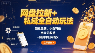 网盘拉新+私域全自动玩法，简单无脑，小白可做，当天见收益，实测单日可破k-小白项目网