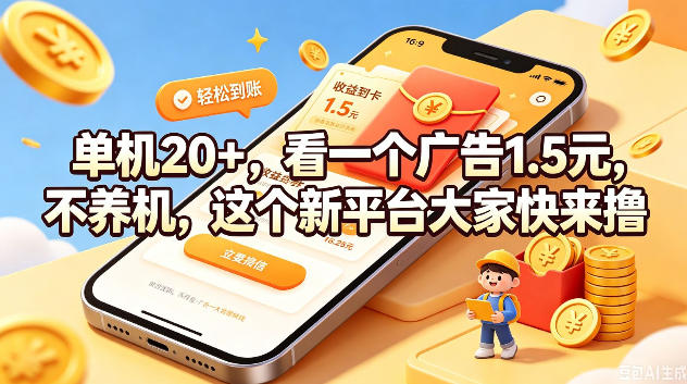 单机20+，看一个广告1.5米，不养机，这个新平台大家快来撸【揭秘】-小白项目网