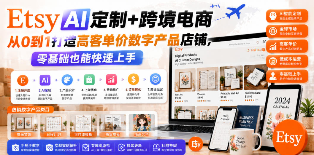 Etsy AI定制+跨境电商,从0到1打造高客单价数字产品店铺,零基础也能快速上手-小白项目网
