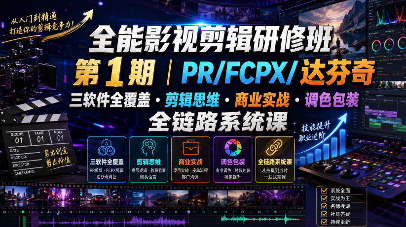 全能影视剪辑研修班第1期｜PR/FCPX/达芬奇三软件全覆盖・剪辑思维・商业实战・调色包装全链路系统课-小白项目网